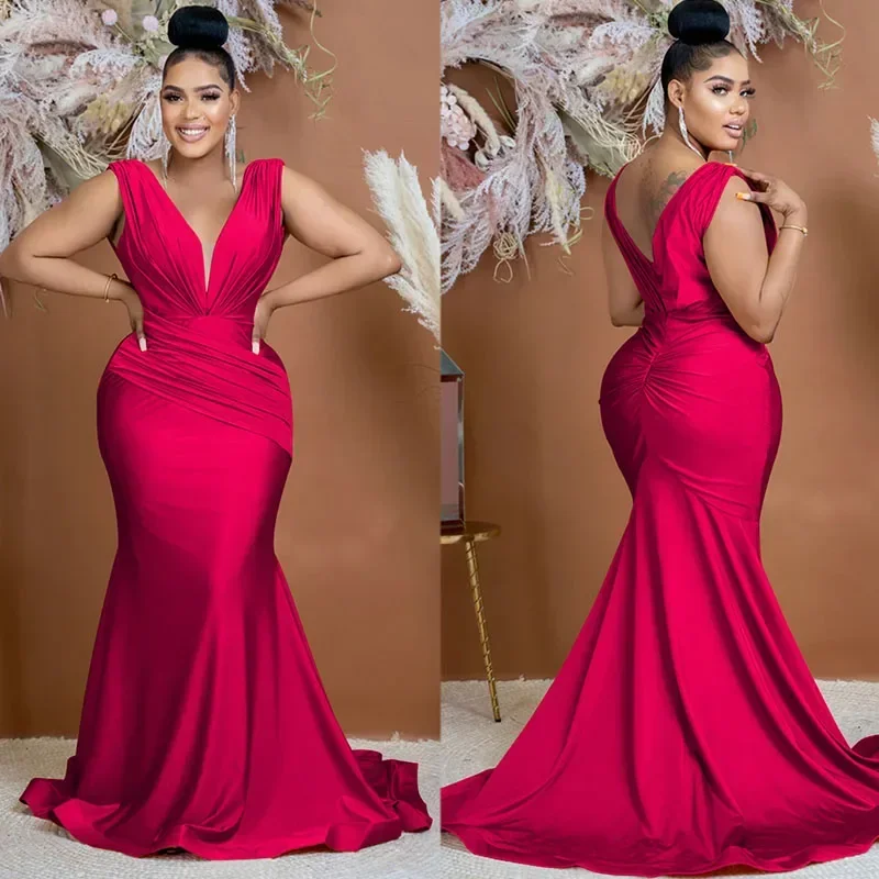 Abiti da sera sexy a sirena senza schienale con scollo a V per le donne Abiti da cerimonia per feste notturne eleganti abiti da ballo increspati