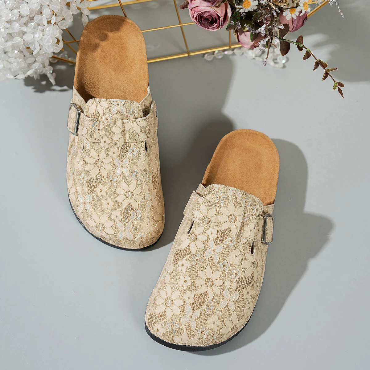 Designer Men Women Lace Flowers Cork Clogs Slippers Mules with Arch Support Adjustable Couple Beach Shoes Men's Sandals Slides