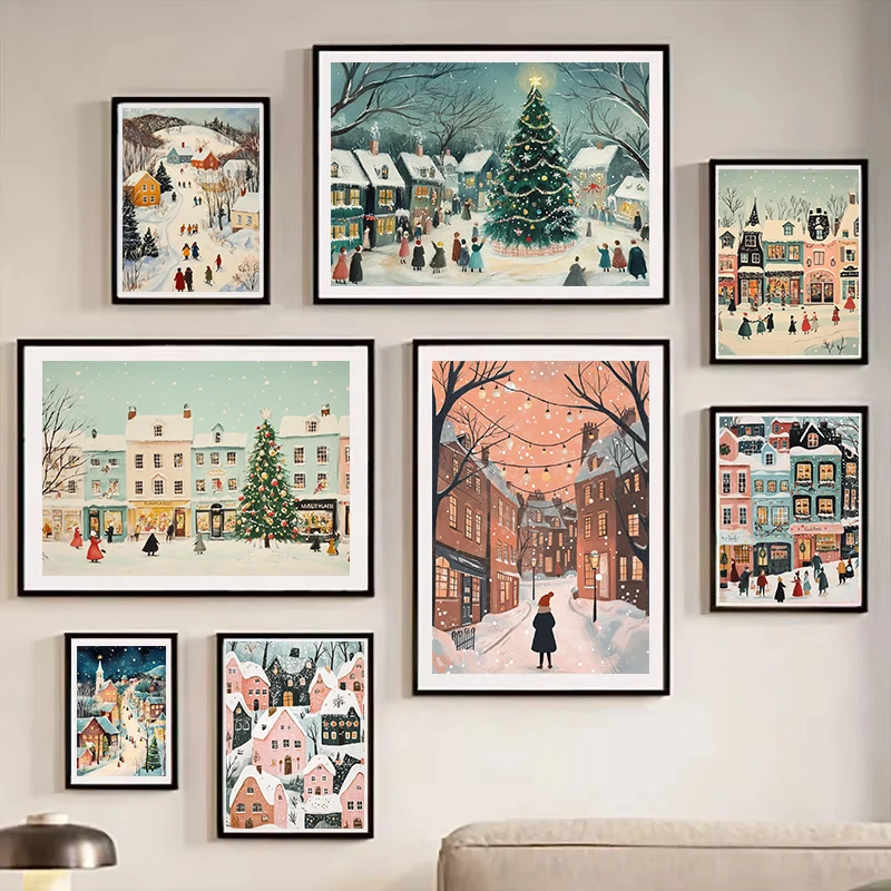 1pc frameless Canvas Painting Cozy Winter Snowy Christmas Village Holiday Landscape Poster Canvas Painting Wall Art Pictures Hom
