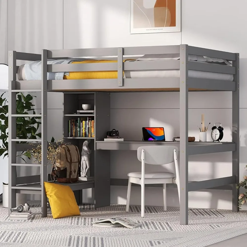 Full Loft Bed with Desk and Storage Shelves, Wood Full Size Loft Bed with Desk Underneath, High Loft Bed Full with Slat Support