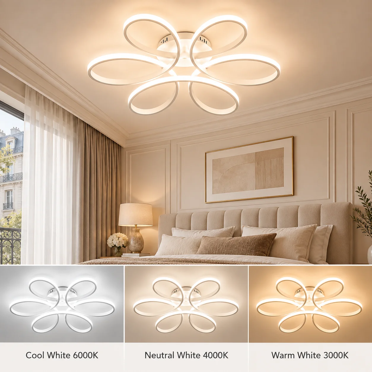 Modern 6‑Ring Flower‑Shaped LED Ceiling Light, Flush Mount Ceiling Lamp, 3‑Color Changing Light Fixture, Black & White Optional for Living Room Bedroom Dining Room Home Decor