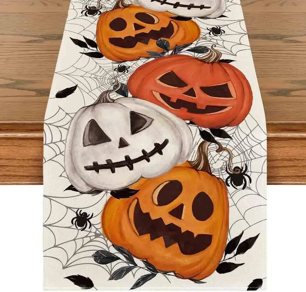 Halloween Pumpkins Spider Web Linen Table Runners Seasonal Autumn Dresser Scarf for Kitchen Party Dining Table Decor Home Decor