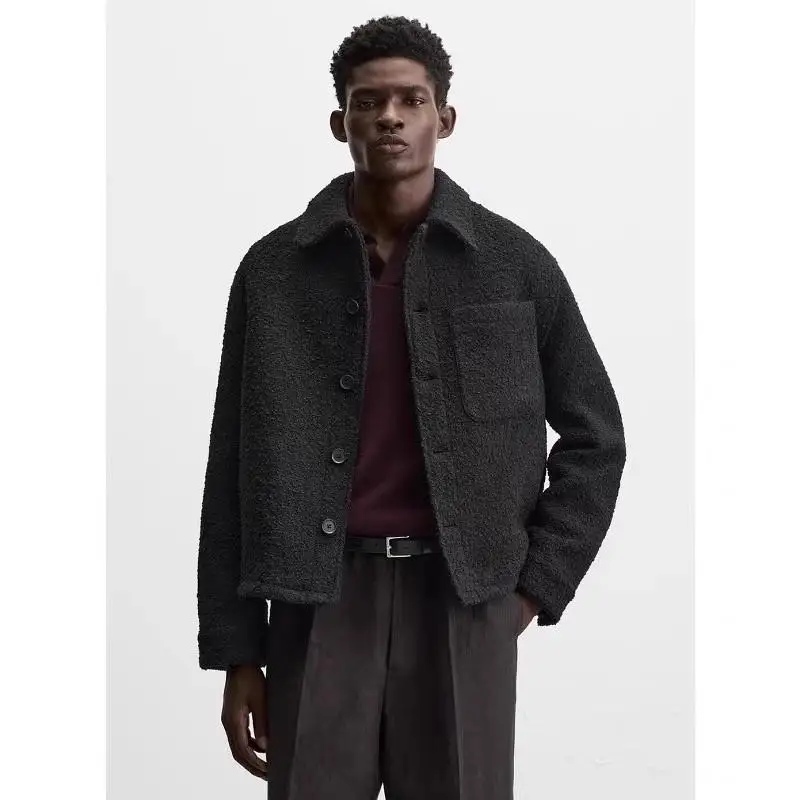 

Autumn Winter Men's Faion ort Svel Jaet Coat Pearl Woolen Texture Long Sve Turn-down Collar Versatile Casual S...