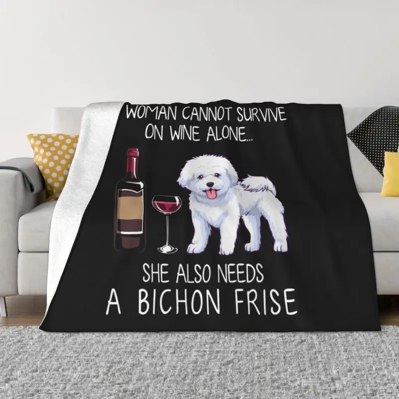 Bichon Frise And Wine Funny Dog Ultra-Soft Fleece Throw Blanket Warm Flannel Pet Animal Puppy Blankets for Car Sofa Bedspreads