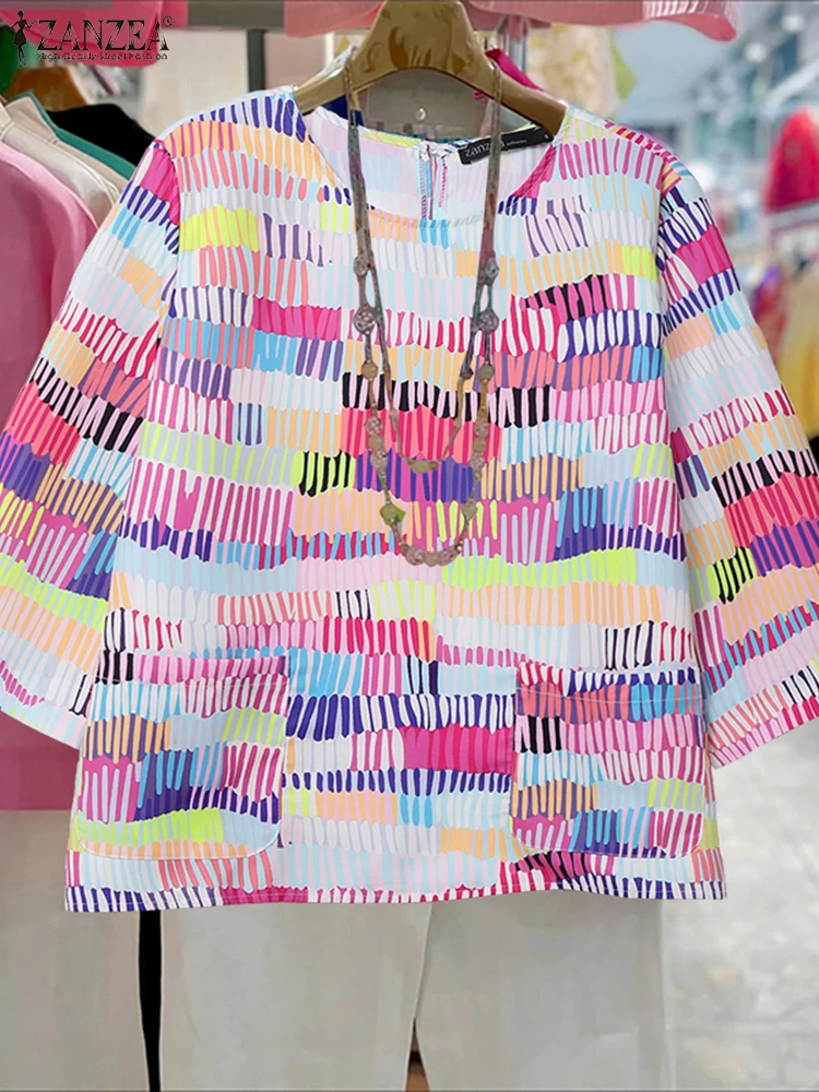 ZANZEA Vintage Print Bluse Frauen Mode Tops 2025, Casual 3/4 Hülse Rundhals Lose Shirts Sommer Taschen Damen Blusas Mujer