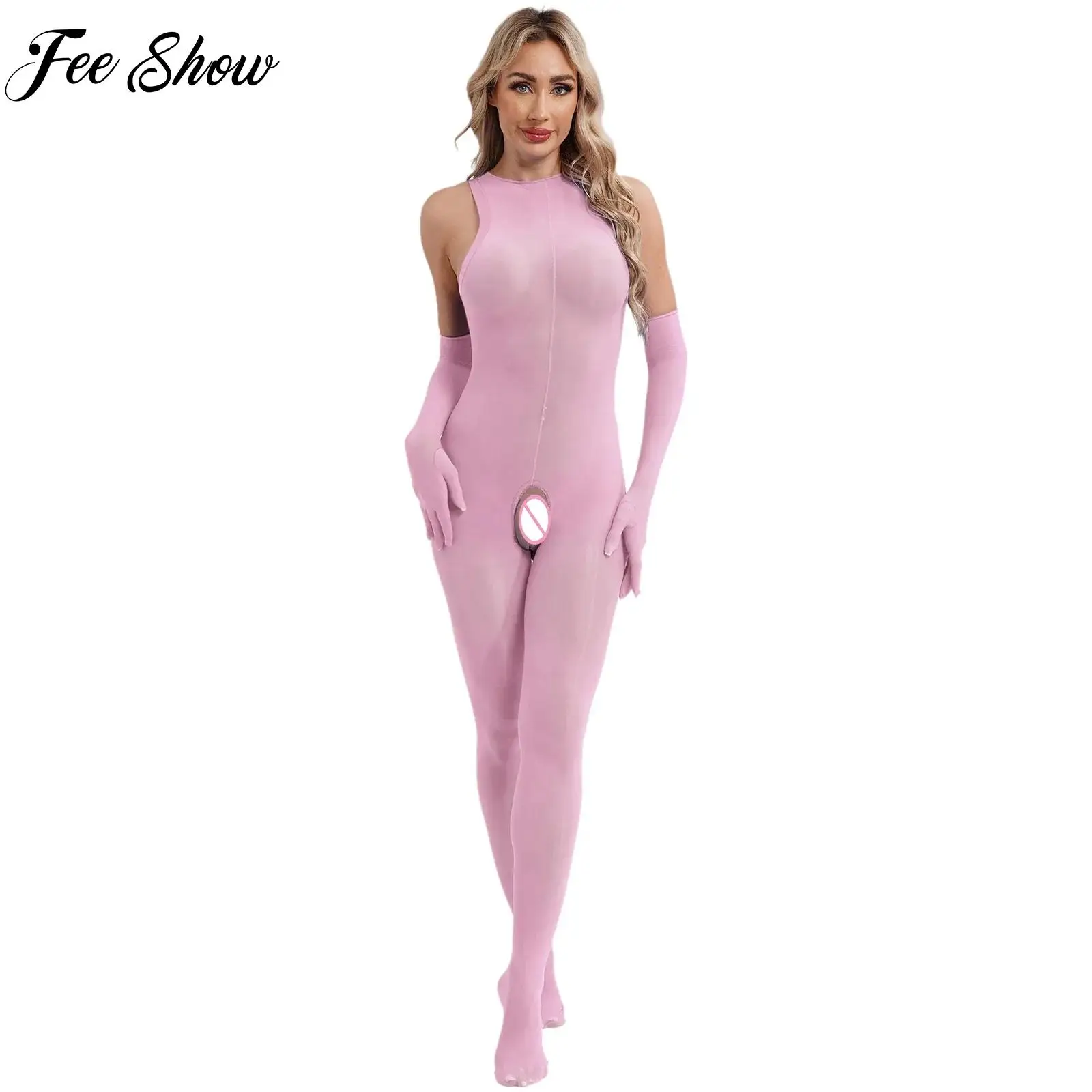 

Women Open Crotch Full-bodysuit with Gloves Sleeveless Sheer Mesh Hollow Out Open Butt Unitard Porn Cutout Nightwear Clubwear