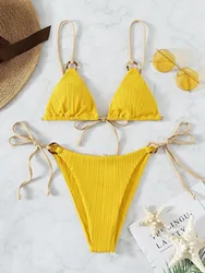 Zestaw Bikini Sexy sznurek żółty Micro Triangle Mini stringi stroje kąpielowe damskie kostium kąpielowy Bikini Tanga Mujer Biquinis Swim