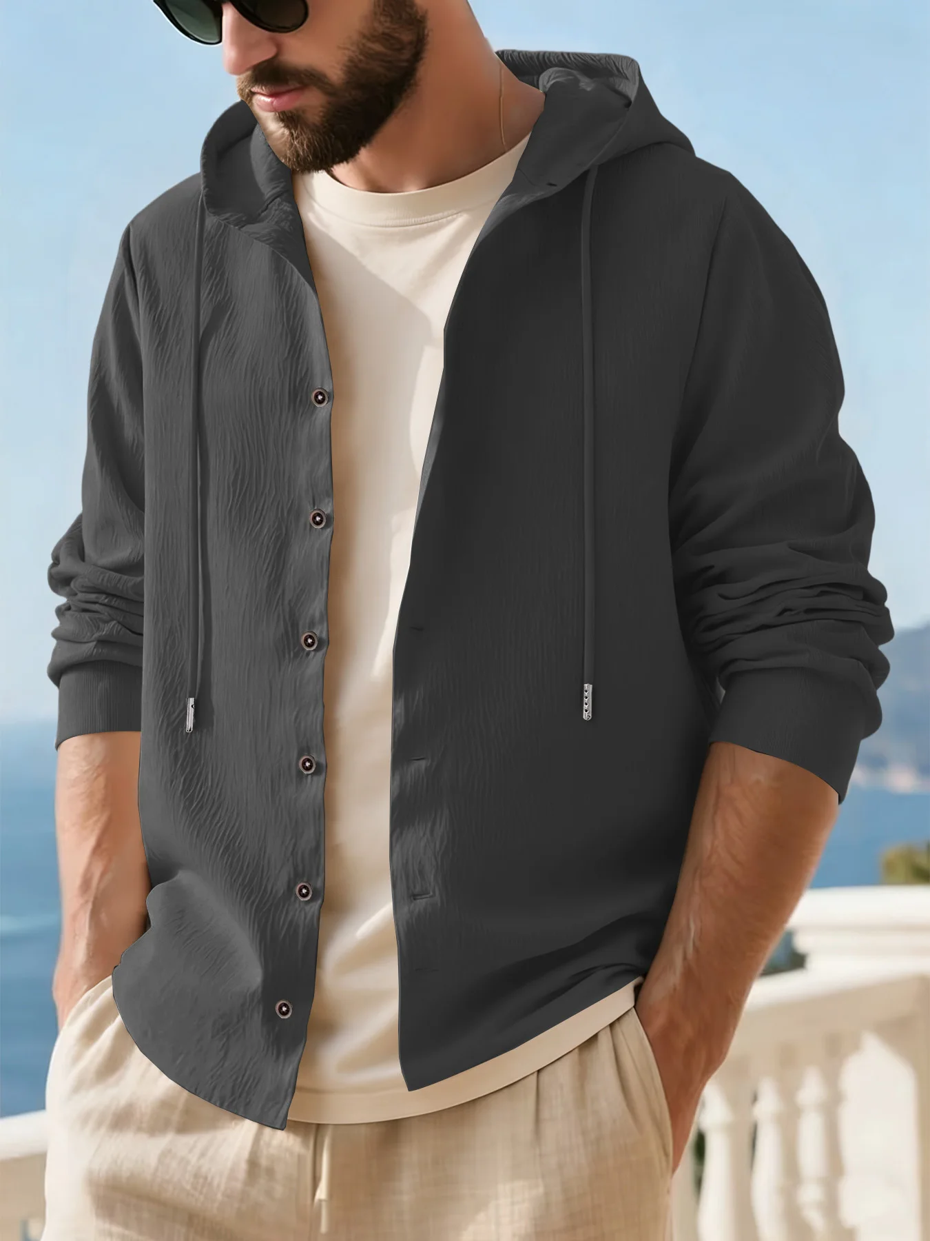 Spring Summer Men's Shirts Solid Color Long Sleeve Hooded Shirt Men Button Tops Casual Loose Hooded Cardigan Clothing Streetwear