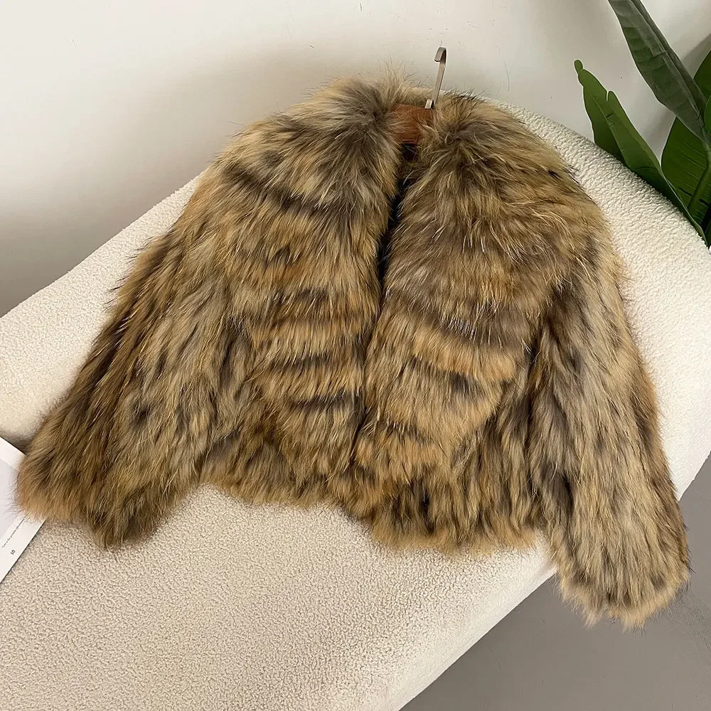 Fashion Autumn Winter Thickened Warm Turn-down Natural Raccoon Fur Woven Jacket Women Short Korean Style Jacket Casual Elegant