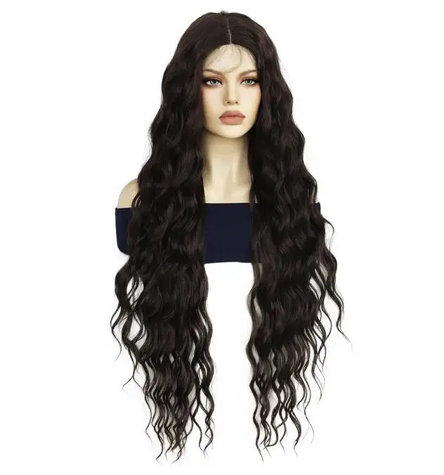 Peruca dianteira do laço ondulado sintético, estilo da parte média, marrom, cabelo do bebê, extra longo, 36"