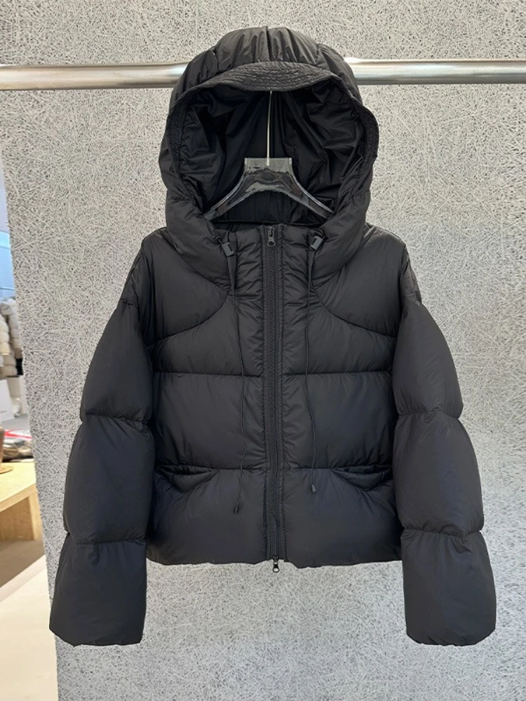 90% الأبيض بطة أسفل سترة المرأة عادية كبيرة الحجم رمادي مقنعين كم طويل نفخة معطف 2025 سميكة الدافئة الصلبة قصيرة سترات أبلى