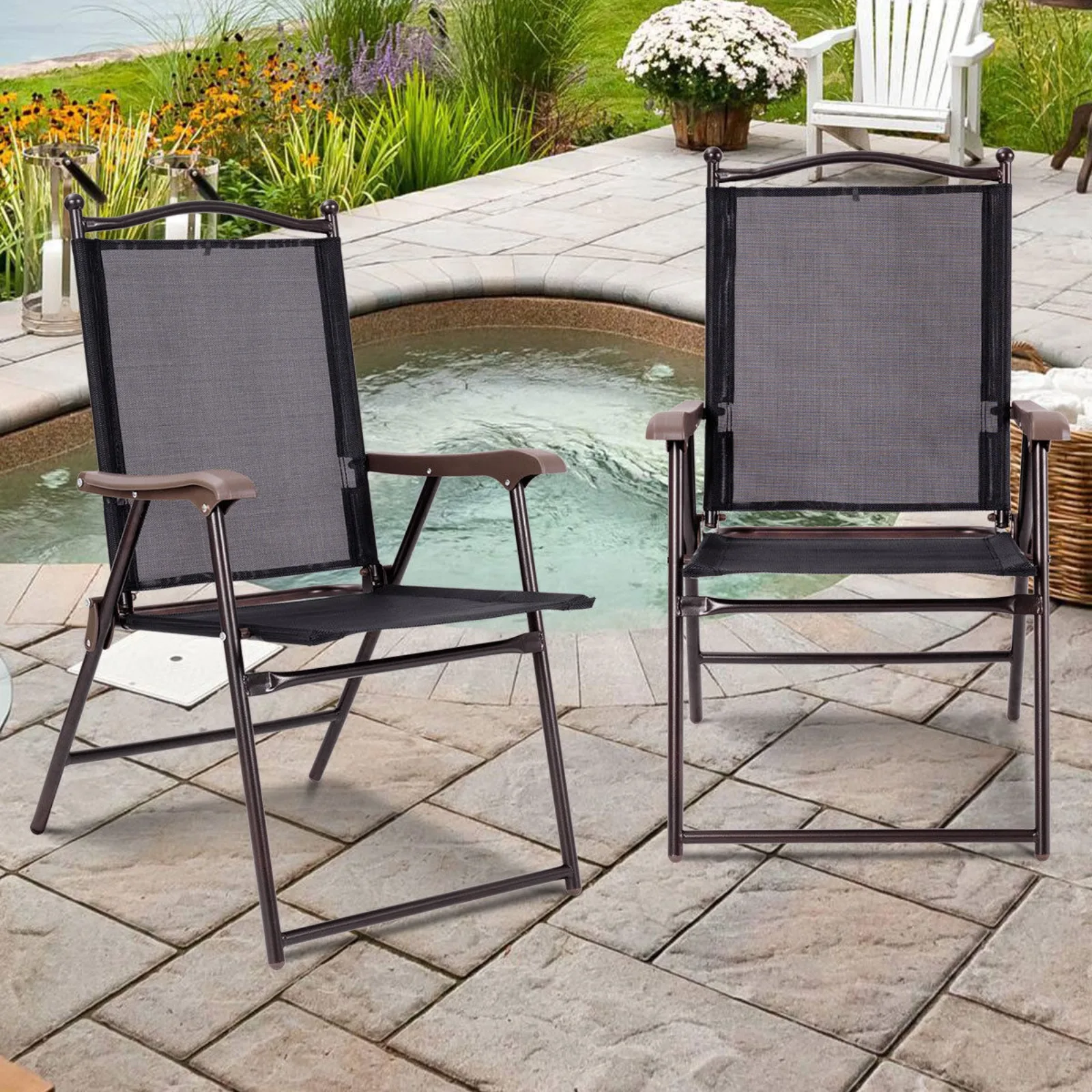 

US Set of 2 Folding Patio Furniture Sling Back Chairs Outdoors Black