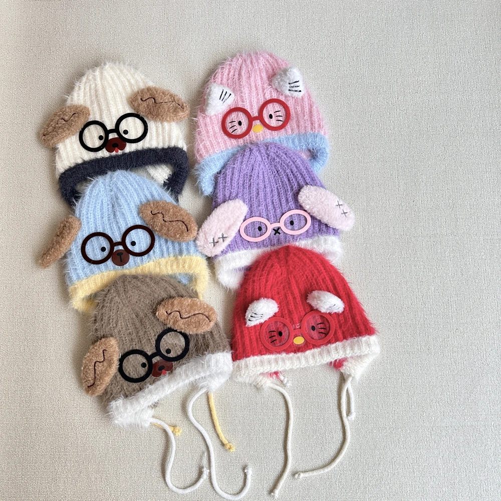 

25 New Sweet Glasses Cute Cat and Dog Ear Protection Knitted Hoodie for Children's Autumn and Winter Warmth, Showing Face Size
