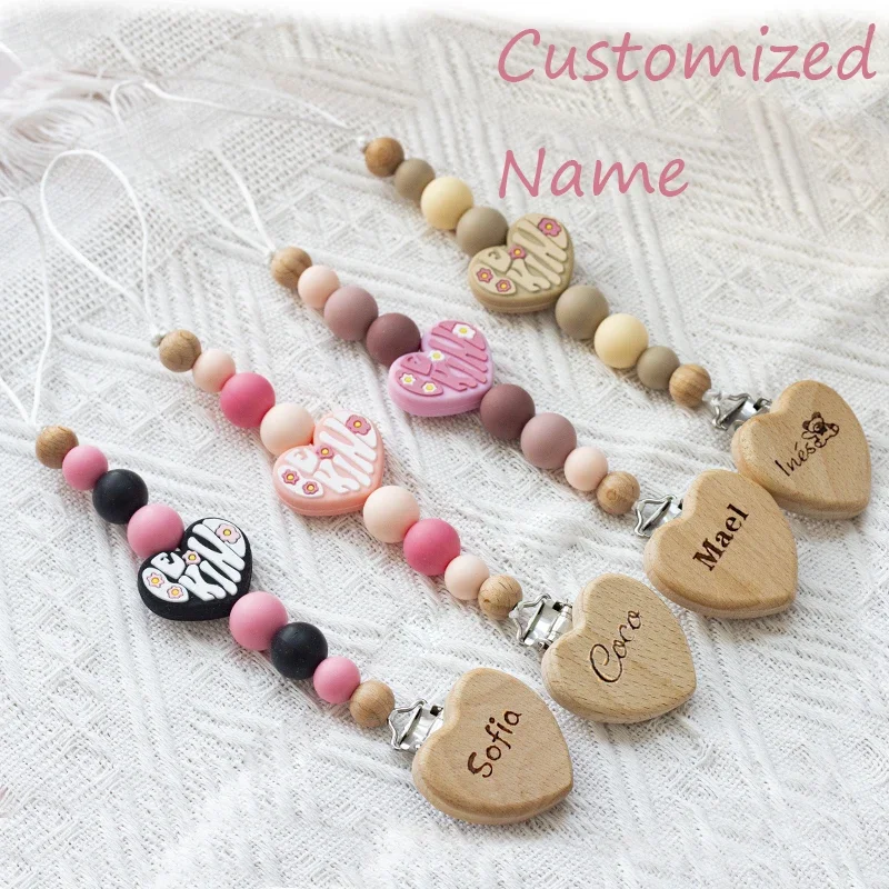 Custom Name Wooden Personalized Baby Pacifier Chain Silicone Bead Dummy Nipple Holder Guard Teether Pendant  Newborn Gift Stuff