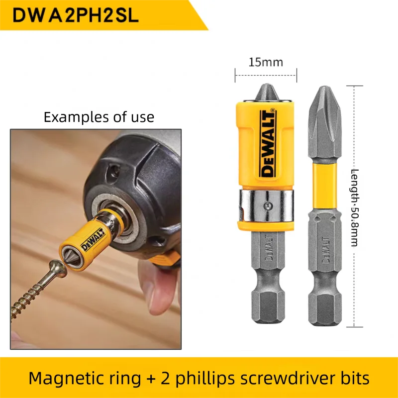 

DEWALT 30mm electric screwdriver bit with magnetic coil and two Phillips head bits, DWA2PH2SL. Strong magnet.