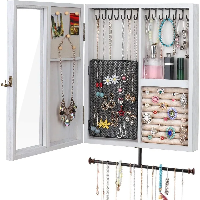Wall Mounted Jewelry Organizer With Rustic Wood Large Space Jewelry Cabinet, Holder, Storage Box for Necklaces, Earring