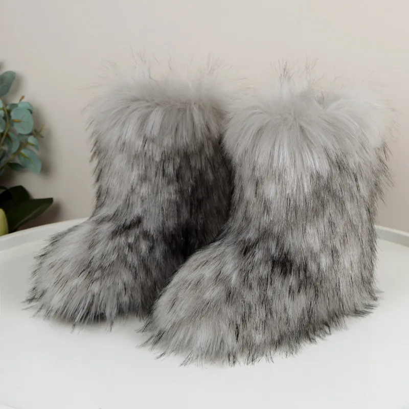Women Snowy Shoes With Flat Heels High Top Insulation Winter Thick Warm Mid Tube Imitation Fox Fur Rubber Sole Snow Boots