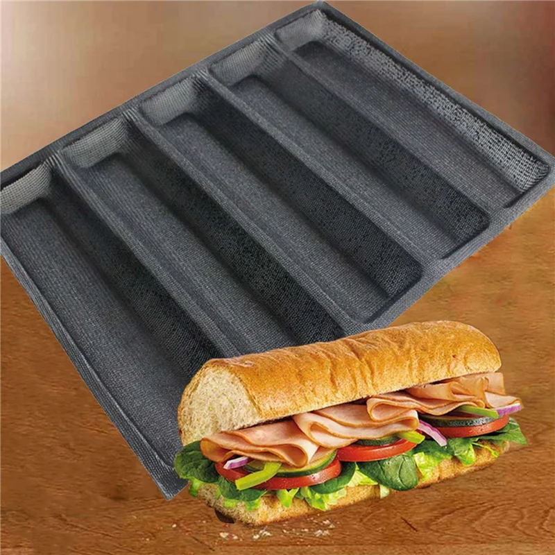 

A04G-6Pcs Silicone Perforated Baking Forms Sandwich Mold French Baguette Bread Pan Food Mat 5 Loaf Non-Stick Baking Liners