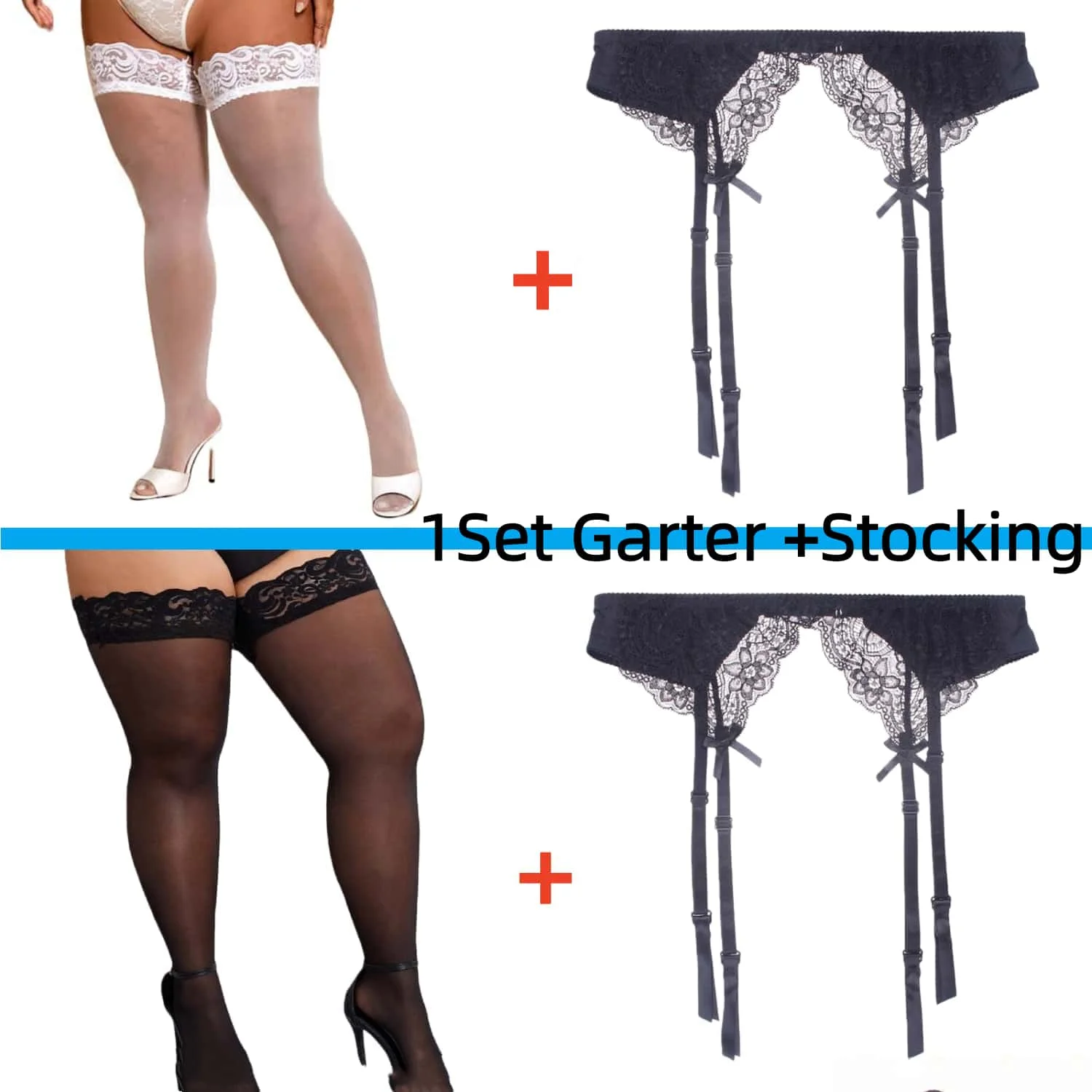 

2PCS 1SET Sexy Woman Bowknot Suspender Stockings Pantyhose Plus Size Lace Socks Garter Belt Tights Christmas Night Club Wear XXL