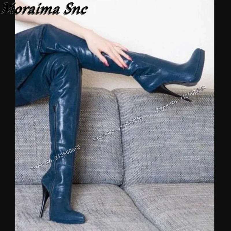 

Moraima Snc Blue Platform Spike High Heel Boots Solid Thigh High Women Boots Stilettos High Heel Shoes on Heels Zapatillas Mujer