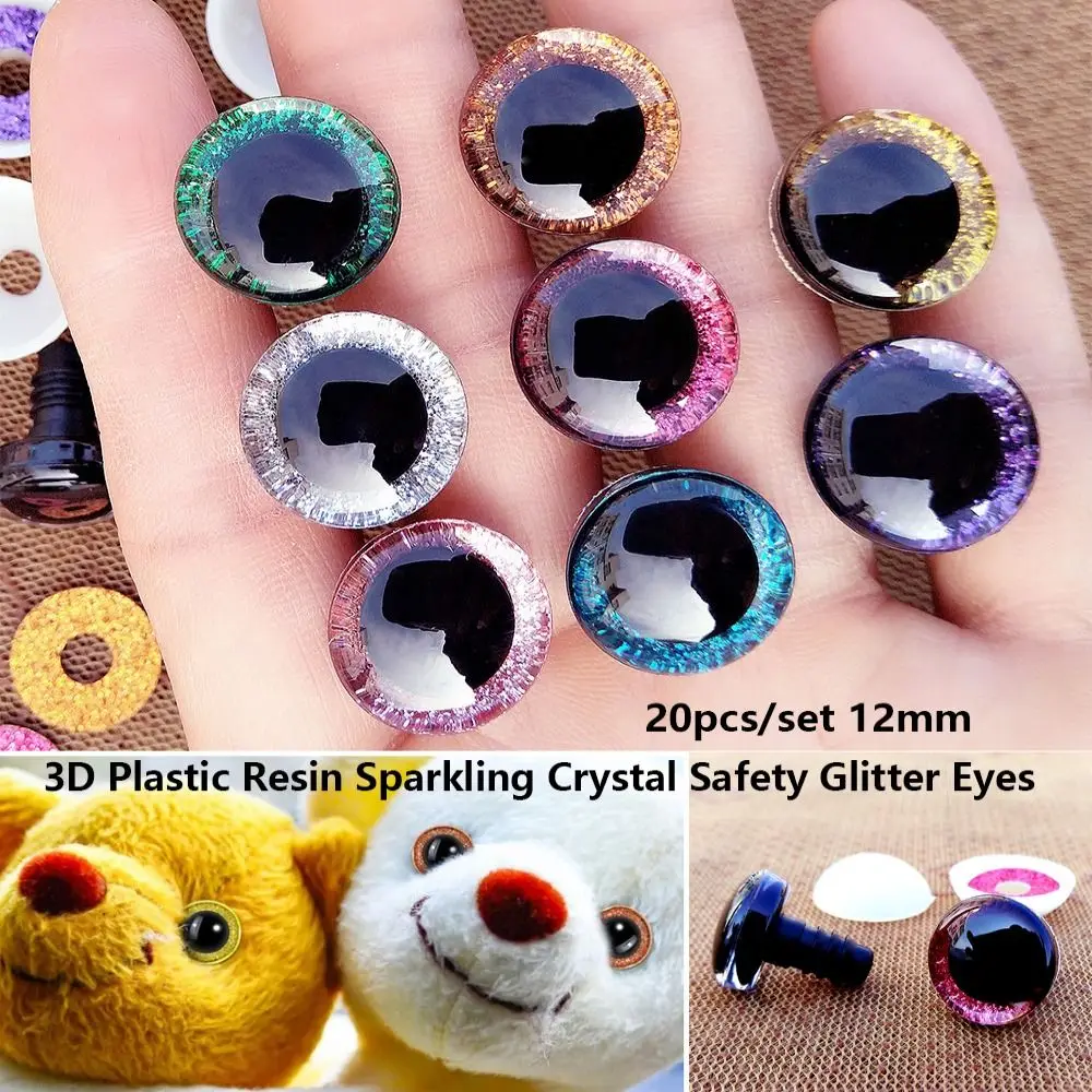 20pcs/set 12mm 3D Sparkling Crystal Cat's Eyes Plastic Resin 8 Colors Bear Animal DIY Dolls Eyes With Flash Pad Parts