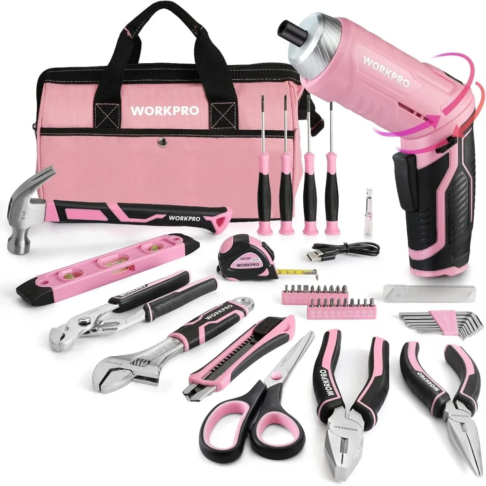 

WORKPRO 53-Piece Pink Tool set with Electric Cordless Screwdriver, Basic Tool Kit Set for Women with 13'' Portable Tool Bag for