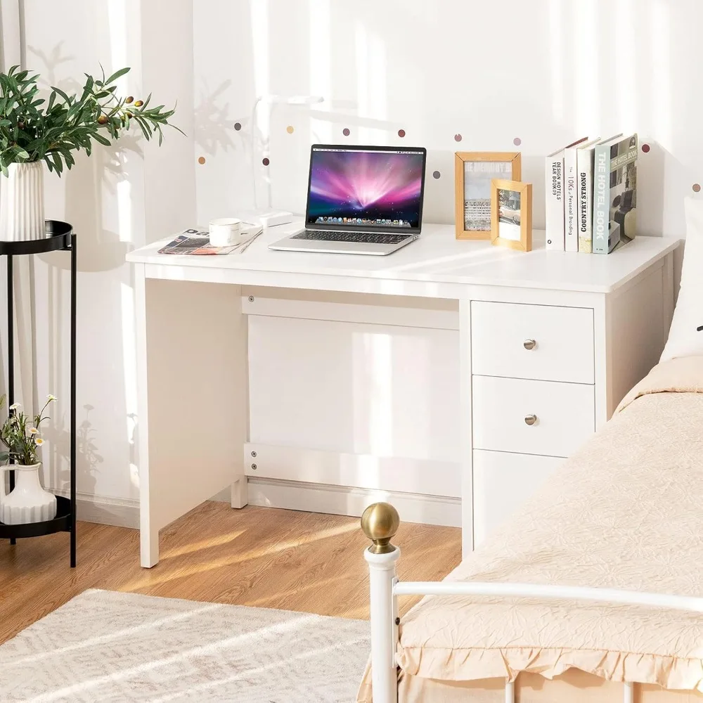 White Desk with Drawers, Modern Home Office Computer Desk with Storage Drawers & Spacious Desktop