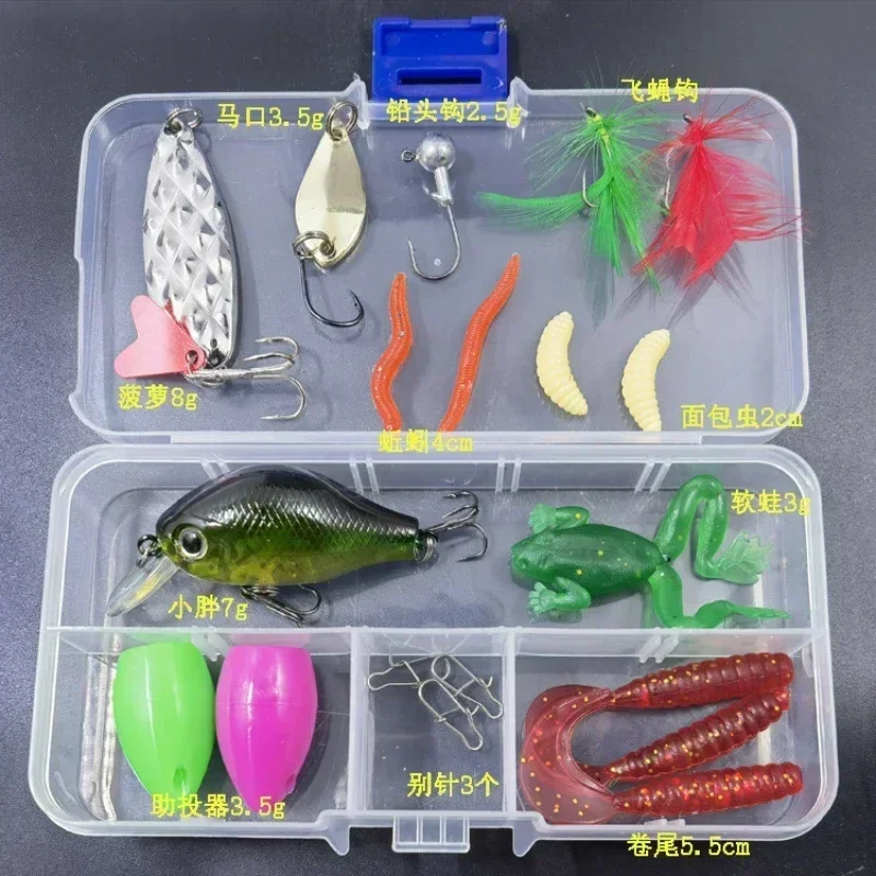 Conjunto de isca de pesca mista, kit de isca macia e dura, minnow, colher de gabarito de metal, acessórios de equipamento com caixa, baixo, pike, manivela, conjunto de isca