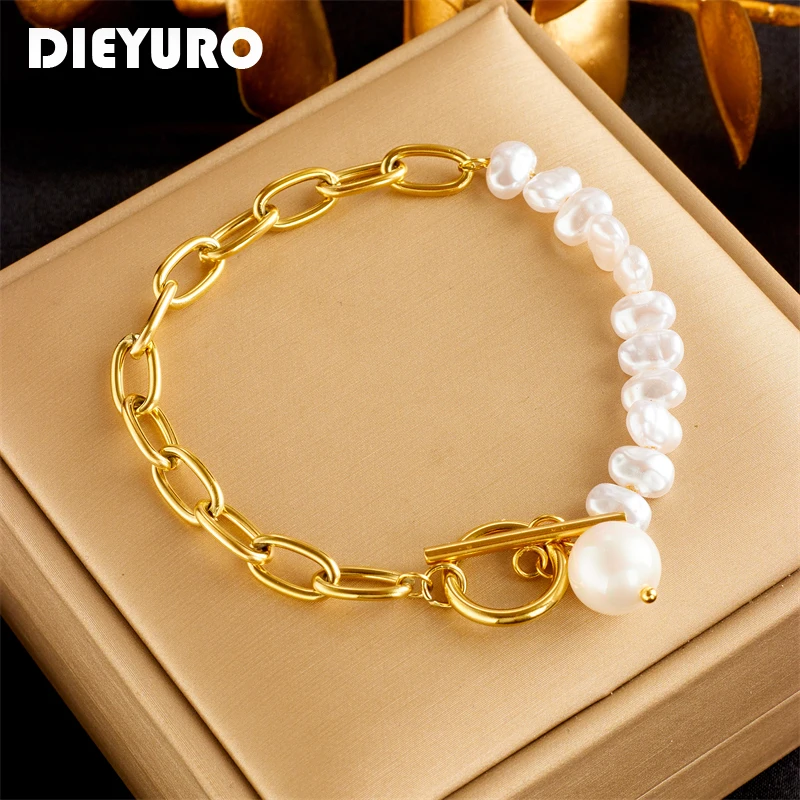 DIEYURO 316L Stainless Steel Pearl Charm Bracelet For Women Fashion Non-fading OT Buckle Chain Bangles Jewelry Birthday Gifts