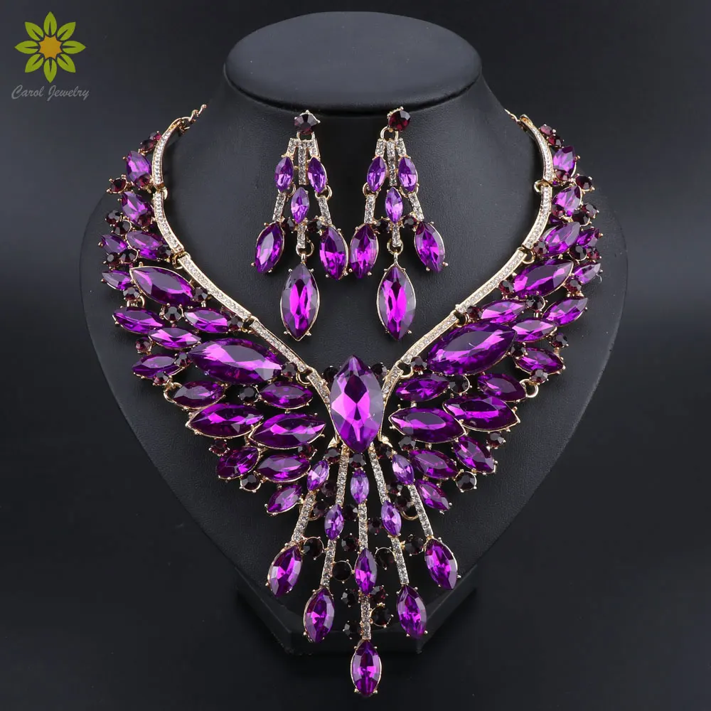 Crystal Bridal Jewelry Sets Wedding Party Costume Accessory Indian Necklace Earrings Set for Bride GorgeousJewellery Sets Women