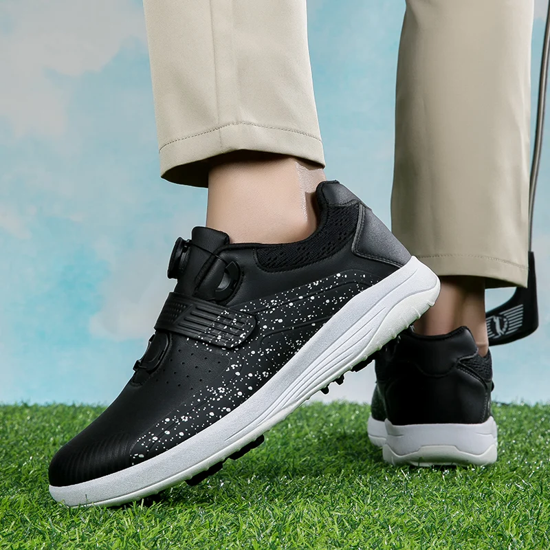 Zapatos de Golf de cuero para hombre y mujer, zapatillas deportivas de entrenamiento, con tachuelas, color blanco y negro, de alta calidad