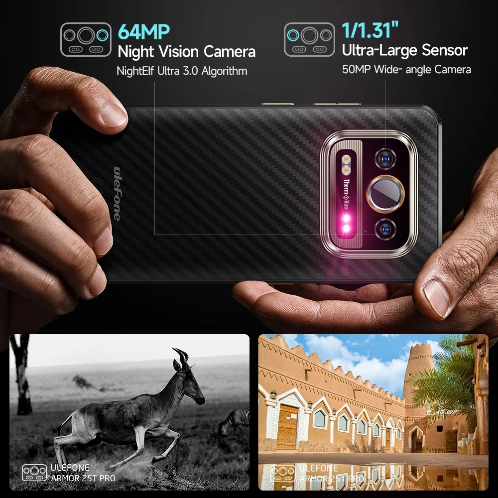 Ulefone Armor 25T Pro 5G สมาร์ทโฟนทนทานถ่ายภาพความร้อน Android 14 33W 64MP Night Vision โทรศัพท์มือถือ NFC กันน้ำ