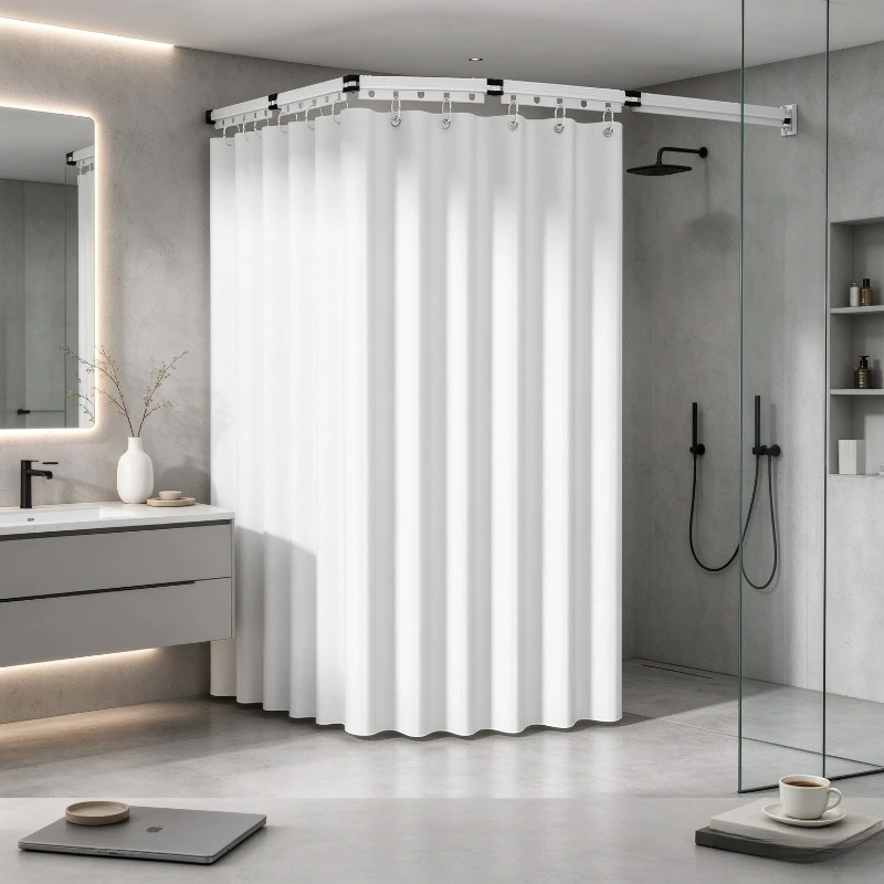 Suction Cup No Drill Shower Curtain Waterproof Curtain Set Hidden Foldable Dual Use for Bathroom Toilet Modern Home Decor Set