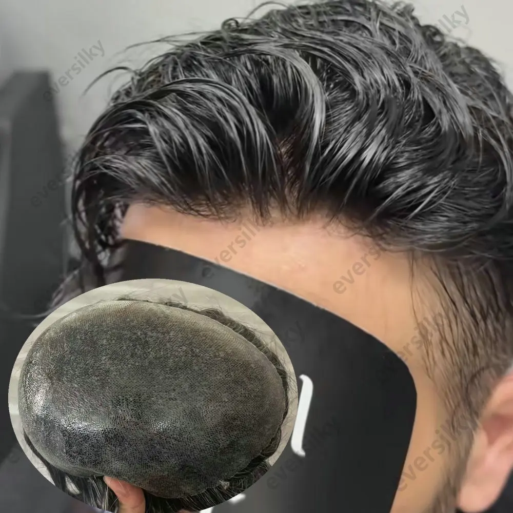 Unsichtbares Herren-Toupet, 30 mm, gewellte Herrenperücke, super langlebig, dünne PU-Haut, braun, schwarz, grau, Echthaar, natürlicher Haaransatz, Haarprothese – Detail 1