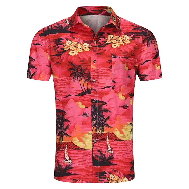 

New Summer Mens Shirts Beach Short Sleeve Lapel Floral Shirt Holiday Hawaiian Shirt for Men