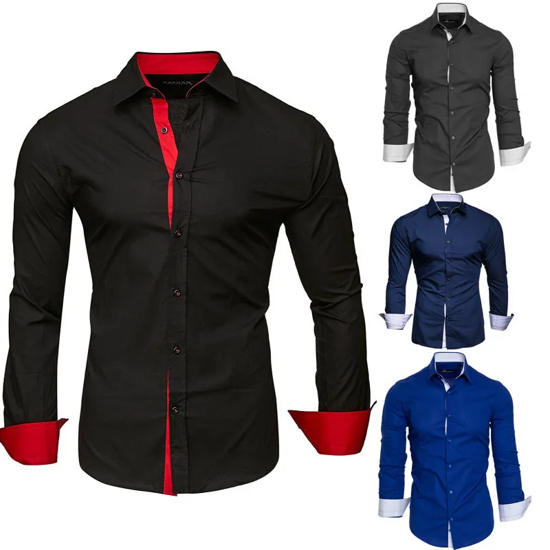 

Autumn New Men's Long Sleeved Shirts for Foreign Trade: Polo Collar, Long Sleeved Placket, Fashionable Color Blocking Shirt