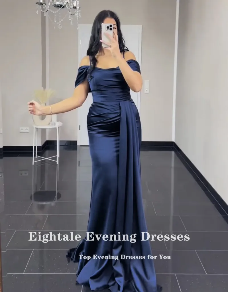 Eightale Arabic Evening Dress Satin Navy Blue Mermaid Prom Gowns Celebrity Wedding Party Dress Vestidos De Noch