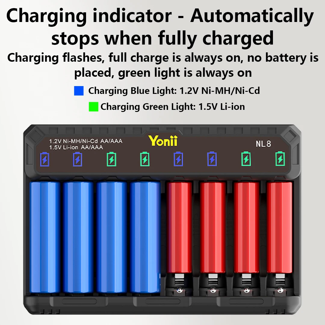 Yonii 8-Slot Battery Charger Rechargeable Battery Charger For 1.5V Li-ion Batteries & 1.2V NiMH AA/AAA For Toy Remote Control