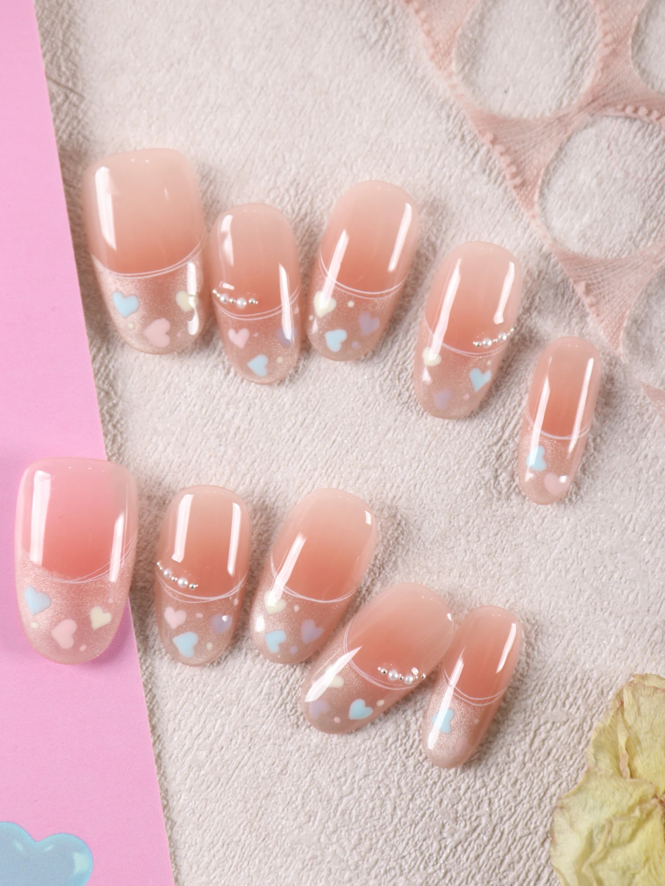 10 Stück Press on Nails French Cat Eye Farbiges herzförmiges Sparkloffice Dailywear Falsche Nägel Künstliche Nägel Kit Nail Art DIY