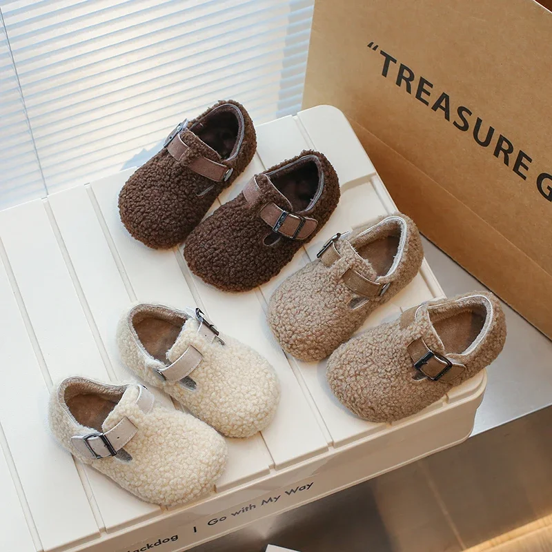 

Новая детская зимняя обувь, модная однотонная универсальная хлопковая обувь для девочек, нескользящая повседневная детская плюшевая обувь с круглым носком, простая