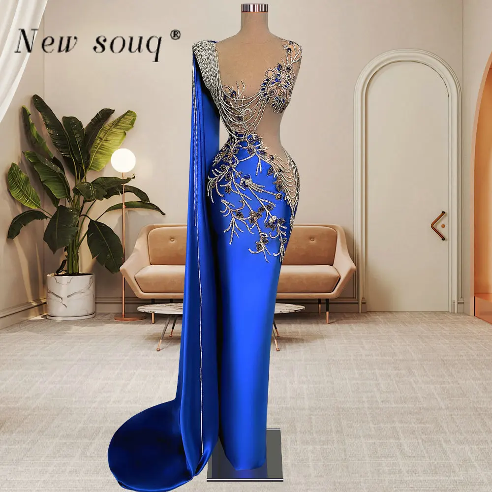 Sexy Royal Blue Evening Dresses with Cape Sleeves Fashion Sliver Crystals Rhinestone Chains Fringe Mermaid Ceremony Outfits