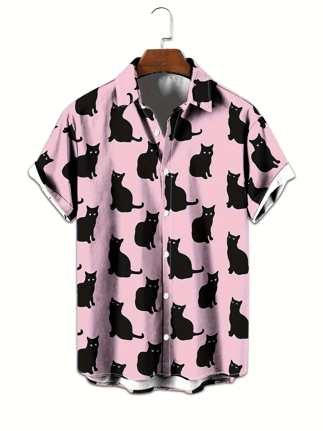 Camisa Casual Masculina Gato Preto Estampada 3D, Top de Botão Frontal Manga Curta, Roupas Masculinas, Roupa Diária, Festa, Bonita