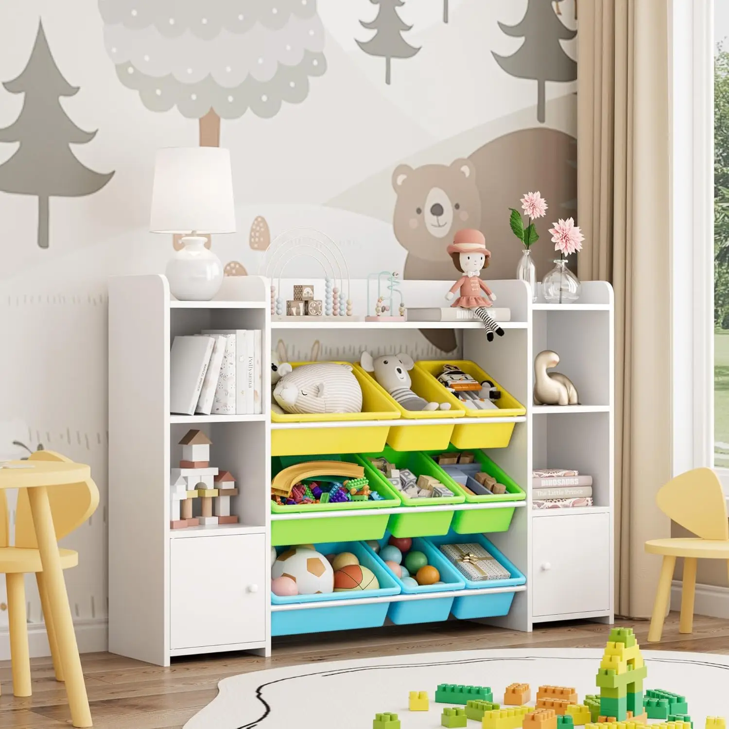 Organizador de armazenamento de brinquedos grande de 55 '' Fotosok com 9 caixas de brinquedos, organizadores de brinquedos e armazenamento com prateleira e 6 cubículos de armazenamento,