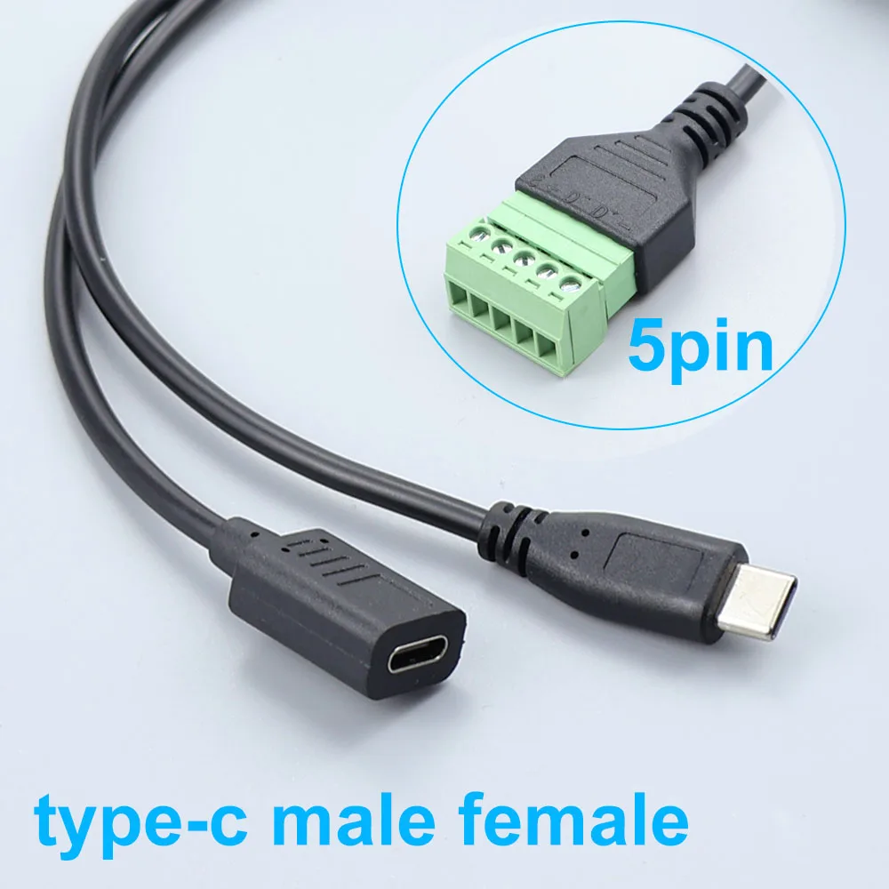 1 Piece USB 3.1Type-C USB Male/Female to 5 Pin Screw with Shield Solderless Terminal Plug Adapter Connector Cable Lead 30cm
