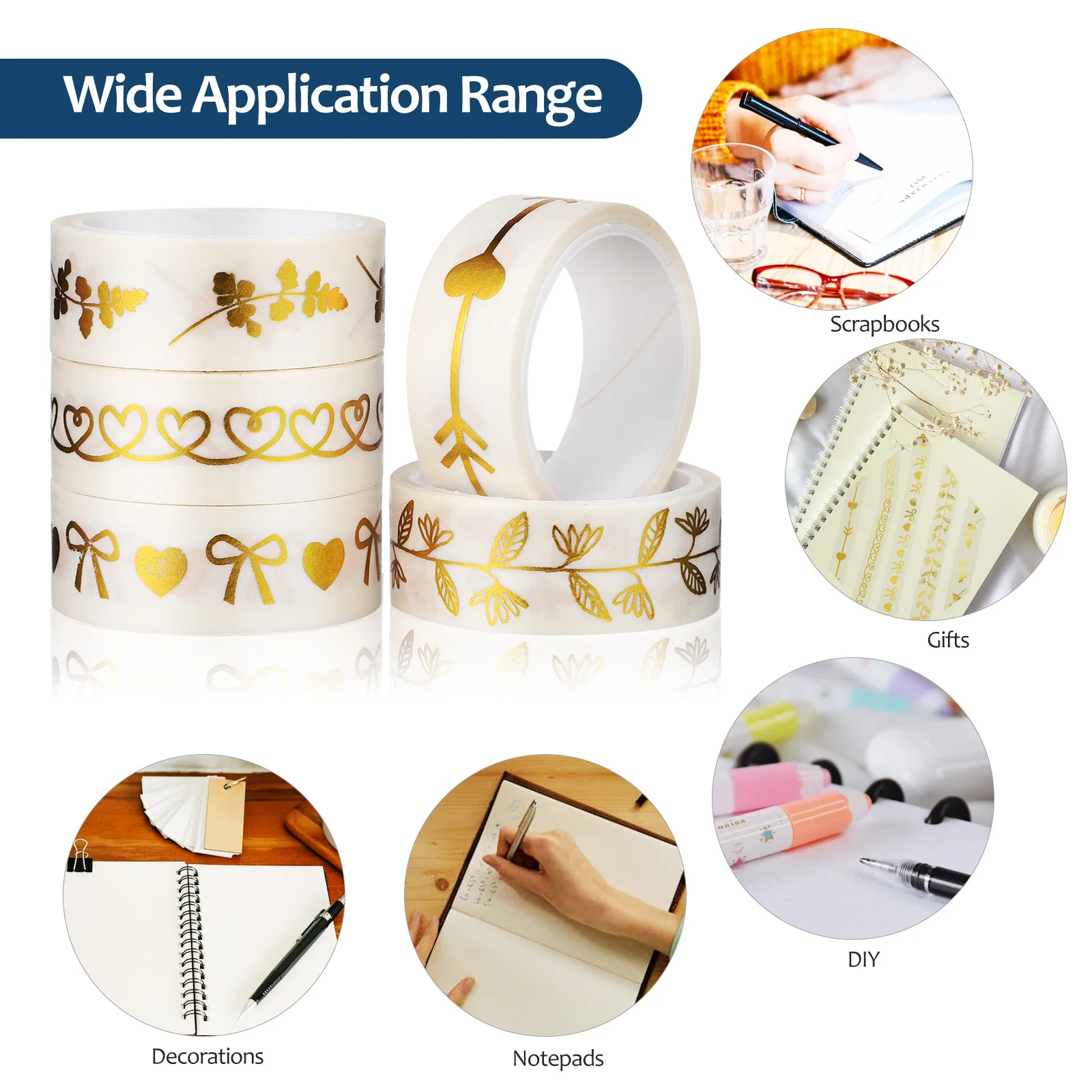 5 Rolls Decorative Adhesive Tape Bronzing Design Clear Patterns Easy Paste Remove for Scrapbook Diary Notepad Crafts