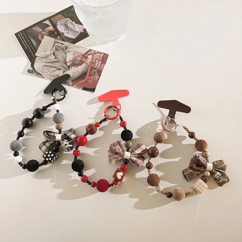 

Trendy Ins Korean Plaid Bow Beaded Lanyard - Short Phone/Keychain/Camera Charm Universal Anti-Theft/Anti-Snatch