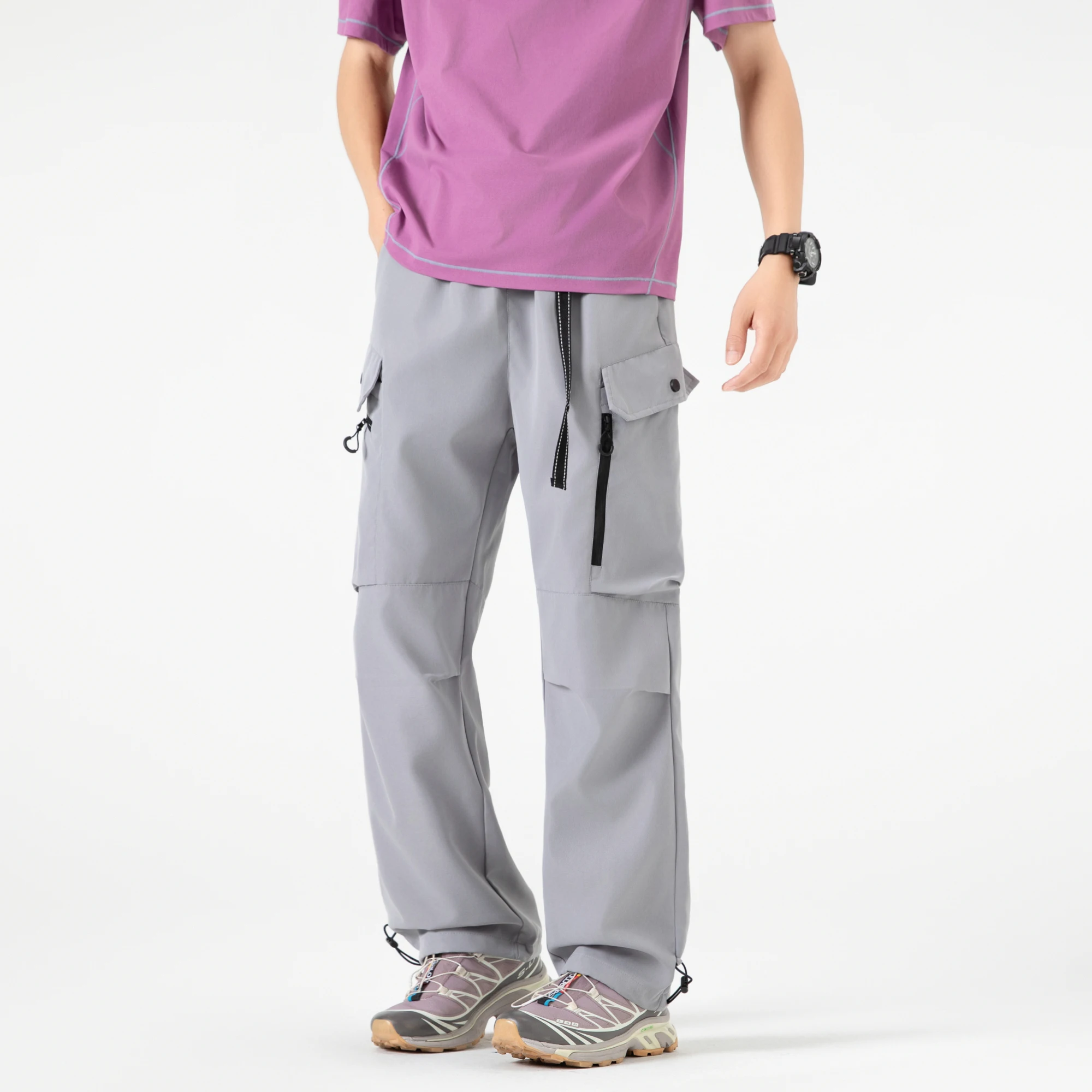 無地のベーシックワークパンツ、メンズルーズアウトドアハイキング・登山用マルチポケットスポーツパンツ、バイクパンツ