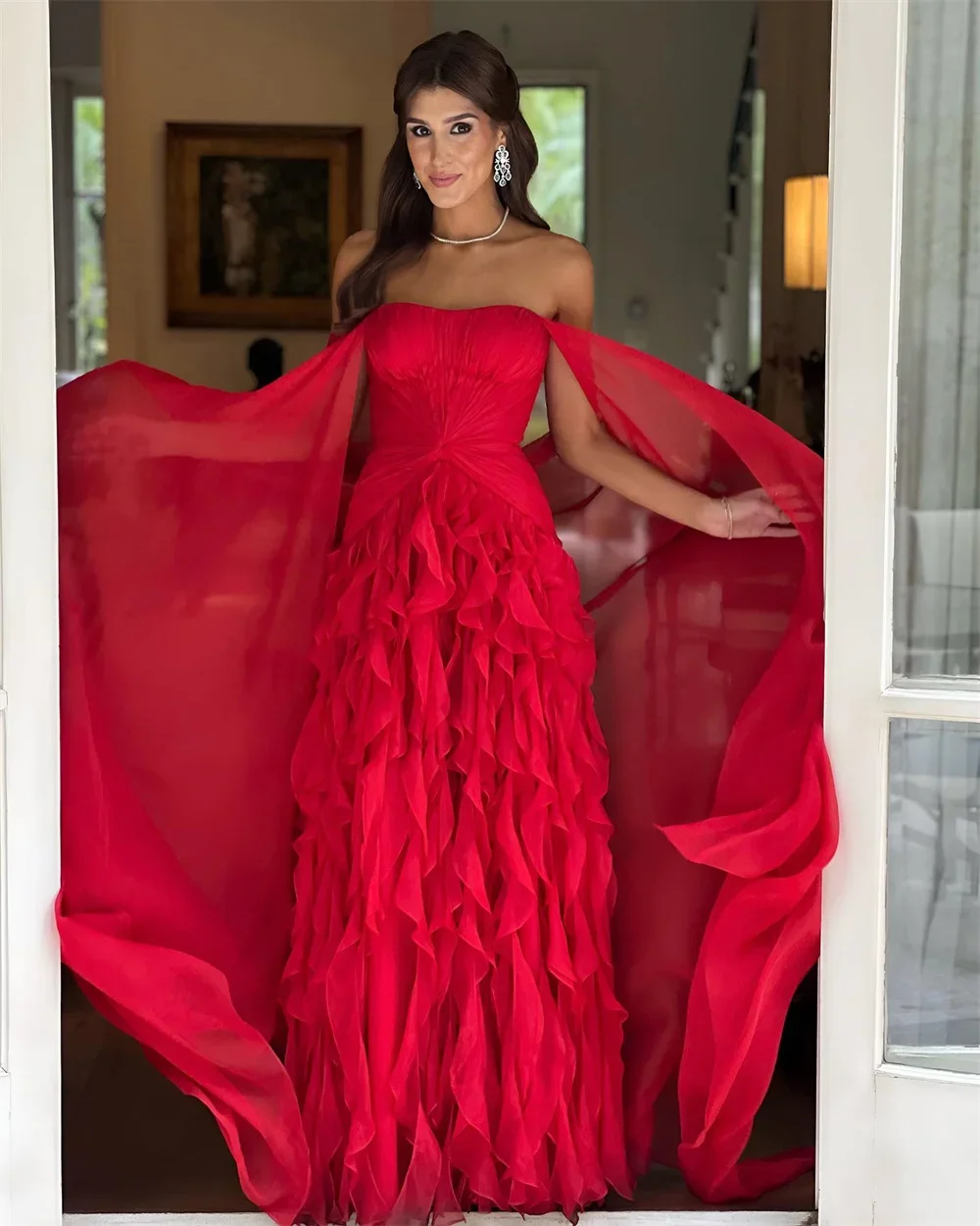 Customized High Quality Sleeveless Floor-length Red Dress Wrinkle Zipper Sweetheart Collar Vestidos Para Asistir A Una Boda image 3