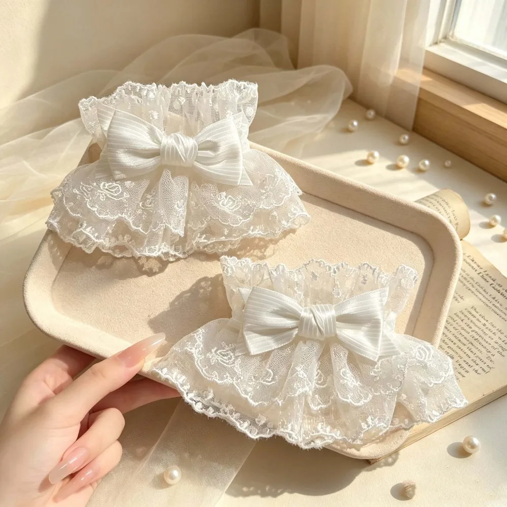 Ruffled Lace Lolita Wrist Cuffs Tulle Design Multicolor Bowknot Sweater Cuff Covers Sweet Satin Floral Lace Cosplay Bracelets