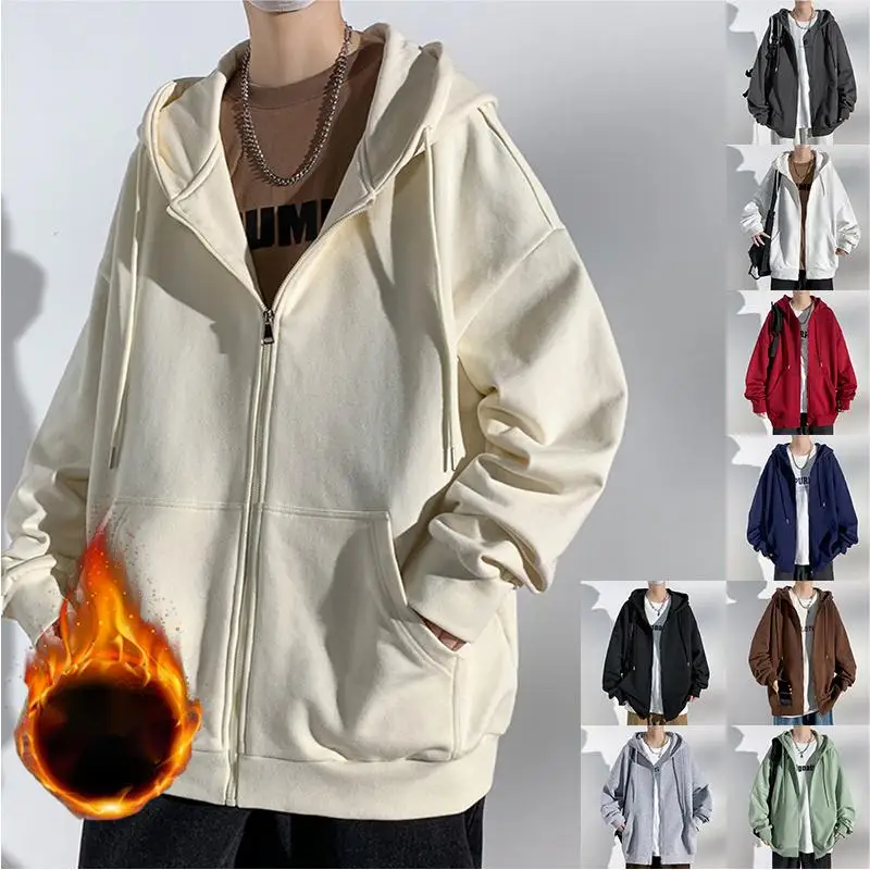 2024 autunno inverno caldo felpa con cappuccio in pile cappotti con Zip da uomo con cappuccio Casual da uomo solido manica lunga giacca con